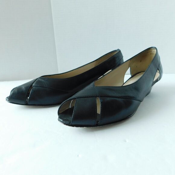 I LOVE COMFORT Shoes VINTAGE Womens 7.5 Black Leather Heels Pumps, Open Toe EUC - Picture 3 of 16